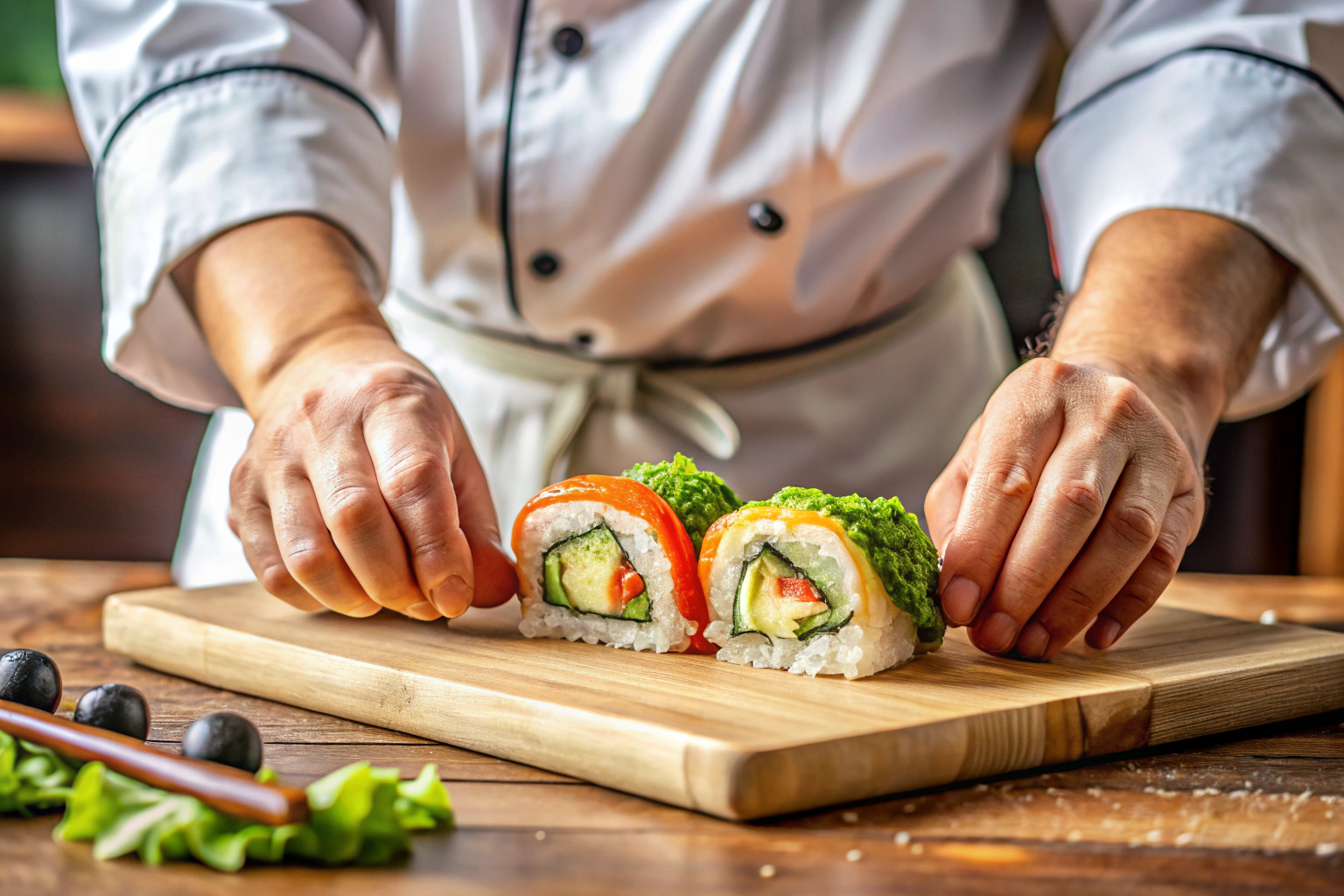 A close-up shot of a sushi roll being prepared, with a chef