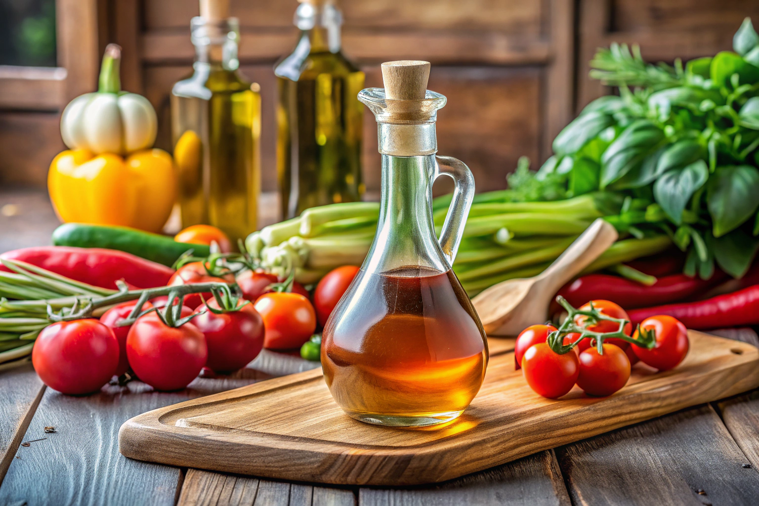 Бутылка столового уксуса на кухонном столе рядом с разделочной доской и свежими овощами